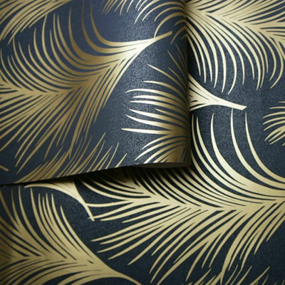 Holden Metallic Feather Pattern Wallpaper Leaf Motif Modern Textured 50082 Black Gold