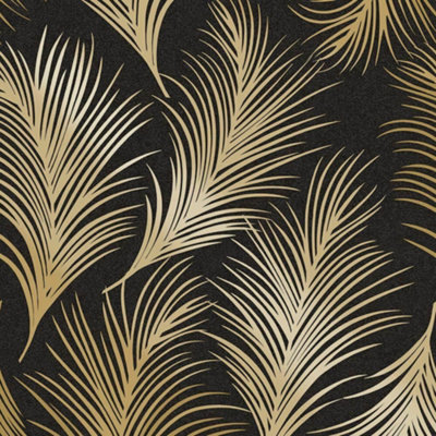 Holden Metallic Feather Pattern Wallpaper Leaf Motif Modern Textured 50082 Black Gold