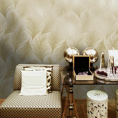 Holden Metallic Feather Pattern Wallpaper Leaf Motif Textured Gold 50080