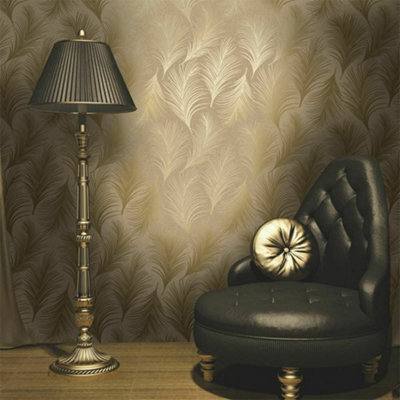 Holden Metallic Feather Pattern Wallpaper Leaf Motif Textured Gold 50080