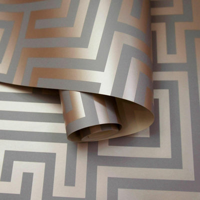 Holden Metallic Glistening Industrial Maze Geometric Geo Wallpaper Roll Grey Rose Gold 12914