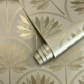 Holden Neutral Cream Metallic Gold Tropical Palm Tree Leaves Feature Wallpaper