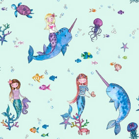 Holden Over the Rainbow Narwhals and Mermaids Wallpaper Light Teal (91011)