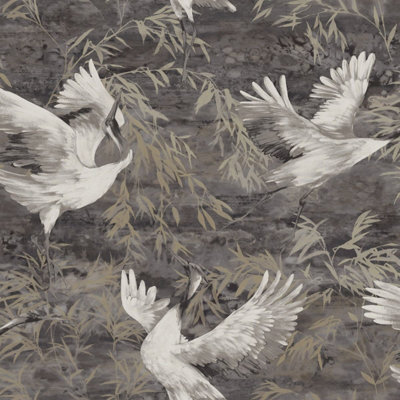 Holden Patagonia Sarus Cranes Wallpaper Charcoal (36104-BUR)