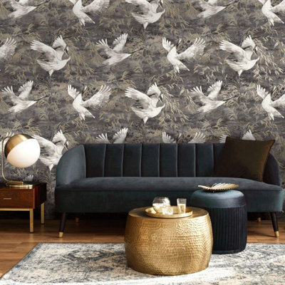 Holden Patagonia Sarus Cranes Wallpaper Charcoal (36104-BUR)