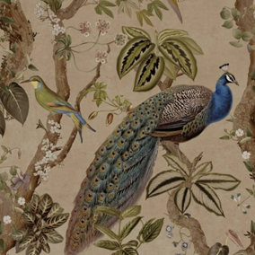 Holden Peacock Woods Tropical Floral Exotic Birds Flowers Taupe Wallpaper