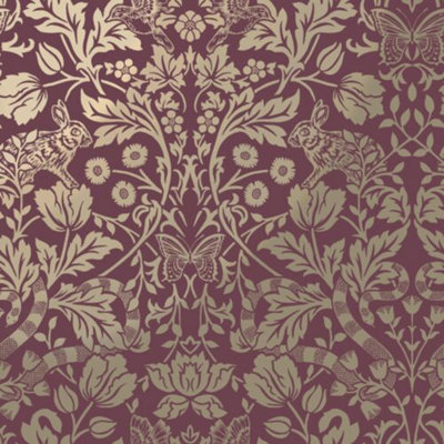 Holden Red Gold Metallic Shimmer Mirror Floral Woodland Animals Damask Wallpaper