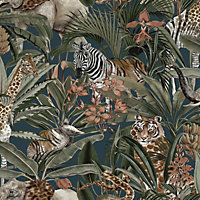 Holden Safari Animal Fusion Jungle Tiger Tropical Floral Palm Leaves Wallpaper Navy Blue 13012