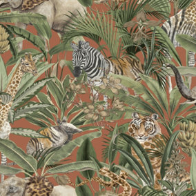 Holden Safari Animal Fusion Jungle Tiger Tropical Floral Palm Leaves Wallpaper Orange 13011