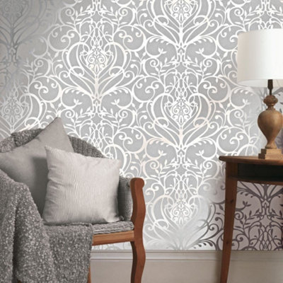 Holden Statement Floral Damask Pattern Metallic Textured Wallpaper Silver 50011