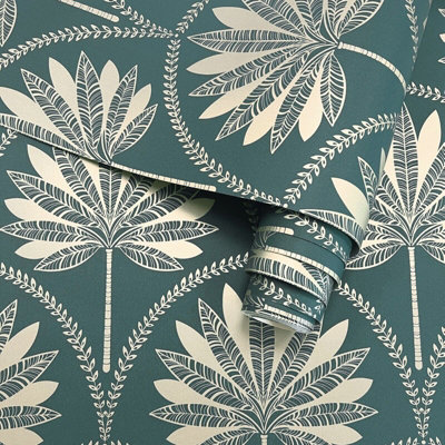 Holden Teal Metallic Gold Tropical Palm Trees Leaves Feature Wallpaper