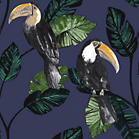 Holden Toucan Trail Wallpaper Jungle Tropical Birds Palm Leaf Navy Blue 13023