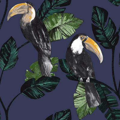 Holden Toucan Trail Wallpaper Jungle Tropical Birds Palm Leaf Navy Blue 13023