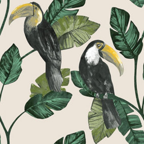 Holden Toucan Trail Wallpaper Jungle Tropical Birds Palm Leaf Neutral 13021