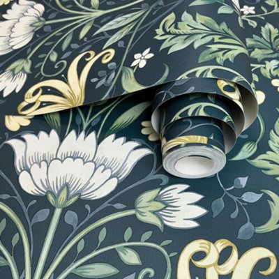 Holden Traditional Vintage Retro Floral Trail Flowers Leaves Navy Blue Wallpaper