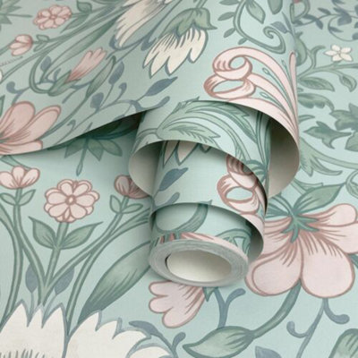 Holden Traditional Vintage Retro Floral Trail Flowers Leaves Soft Teal Wallpaper