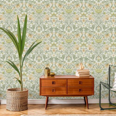 Holden Vintage Floral Cream Ochre Vintage Retro Style Art Nouveau Wallpaper