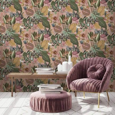 Holden Wonderland Jungle Floral Birds Exotic Blush Sage Green Smooth Wallpaper