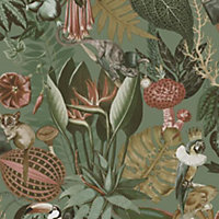 Holden Wonderland Jungle Floral Birds Exotic Sage Green Smooth Wallpaper