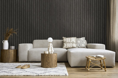 Holden Wooden Slat Panelling Wallpaper 3D Wood Panel Faux Effect Stripes Feature Charcoal 50430