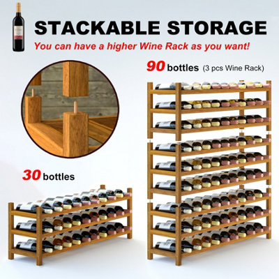 HOLGER Wine rack for 30 bottles, stackable, 105x28 cm, height 38 cm Acacia hardwood, hard wax oil in color Golden Teak