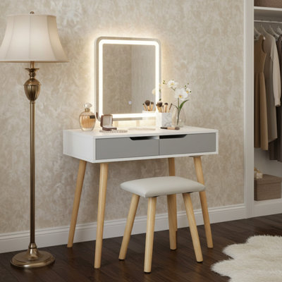 grey and white dressing table Hollywood Set with Rectangle LED Mirror & Stool (Grey) sale: Mid Year NEW
