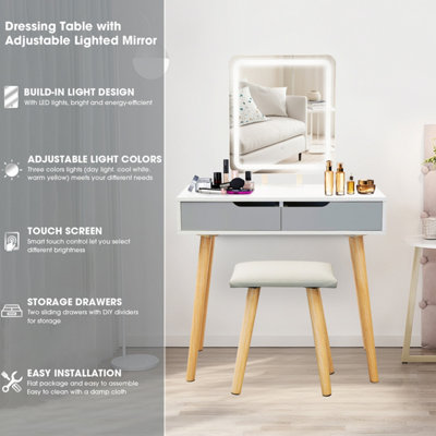 Hollywood Dressing Table Set with Rectangle LED Mirror & Stool (Grey)