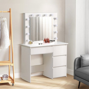 Hollywood Dressing Table with 4 Drawers and Large LED Lighted Mirror, Wooden Modern Bedroom Dresser, White