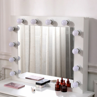 Hollywood Dressing Table with 4 Drawers and Large LED Lighted Mirror Wooden Modern Bedroom Dresser White
