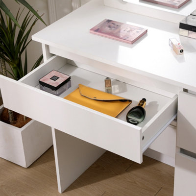 Hollywood Dressing Table with 4 Drawers and Large LED Lighted Mirror Wooden Modern Bedroom Dresser White