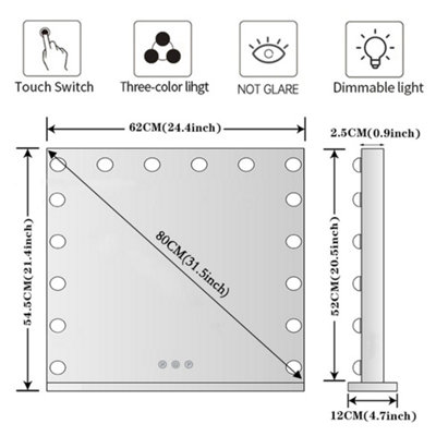 Hollywood Mirror with 16 LED Dimmable Lights 3 Colors for Desk 62cm x 52cm