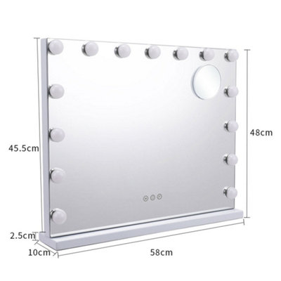 Hollywood Rectangular Touch Screen Vanity Makeup Mirror with 15 LED Bulbs Dimmable 58 x 48 cm