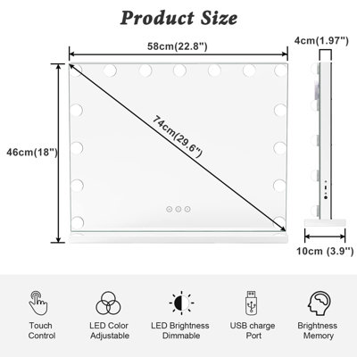 Hollywood Vanity Mirror with Lights 58x46cm with 15 Dimmable Bulbs 3 Color Tabletop or Wall Mounted Mirror - 7