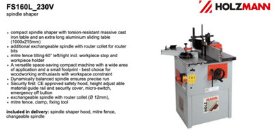 Holzmann FS160L Spindle Moulder Router 230V Cast Iron Table Sliding Fence