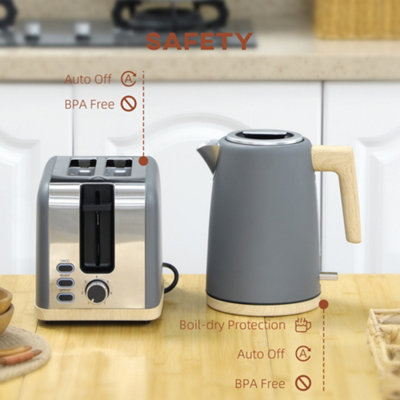 HOMCOM 1.7L Electric Fast Boil Kettle and 2 Slice Toaster Set, Grey