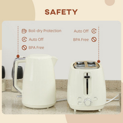 HOMCOM 1.7L Fast Boil Electric Kettle and 2 Slice Water Toaster Set, Cream