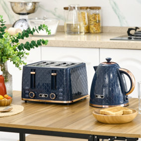 HOMCOM 1.7L Kettle and Toaster Set with Defrost Reheat and Crumb Tray Blue