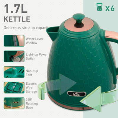 HOMCOM 1.7L Kettle and Toaster Set with Defrost Reheat and Crumb Tray Green - 3