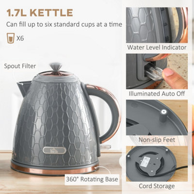HOMCOM 1.7L Kettle and Toaster Set with Defrost, Reheat and Crumb Tray, Grey
