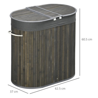 HOMCOM 100L Bamboo Laundry Basket w/ 2 Compartments Washing Baskets Grey