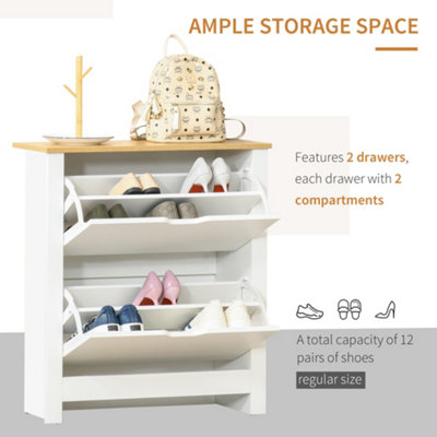 HOMCOM 12-Shoe Storage Cabinet 4 Shelves 2 Drawers Tabletop 4 Legs Modern White - 6