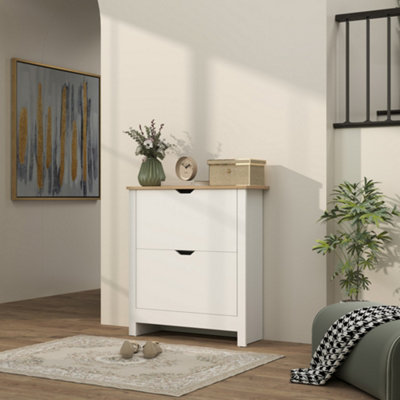 HOMCOM 12-Shoe Storage Cabinet 4 Shelves 2 Drawers Tabletop High Gloss White