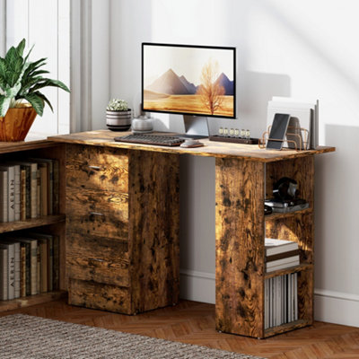 HOMCOM 120cm Computer Desk, Study Table with 3 Shelf & Drawers, Rustic ...