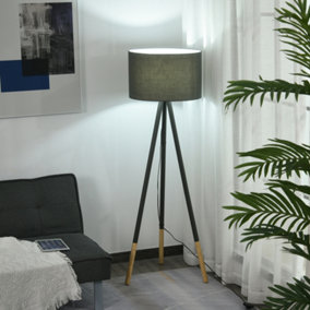 HOMCOM 153cm Steel Tripod Floor Lamp w/ Fabric Lampshade Foot Switch, Land Lamp Office Bedroom Modern Grey