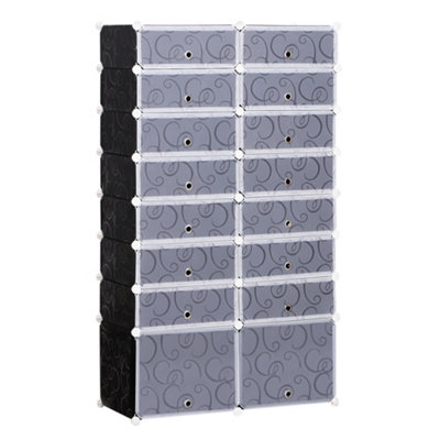HOMCOM 16 Cube Shoe Rack, 2 x 8 Tier Shoe Storage Cabinet, Modular Plastic Shelves Footwear Organizer, 32 Pairs, White and Black