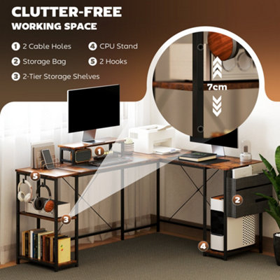 HOMCOM 168cm Reversible L Shaped Desk, 240cm Two Person Desk, Rustic Brown