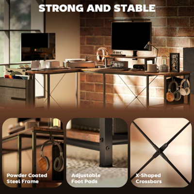 HOMCOM 168cm Reversible L Shaped Desk, 240cm Two Person Desk, Rustic Brown