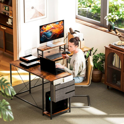 HOMCOM 168cm Reversible L Shaped Desk, 240cm Two Person Desk, Rustic Brown