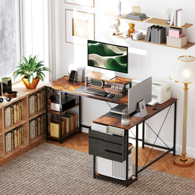 HOMCOM 168cm Reversible L Shaped Desk, 240cm Two Person Desk, Rustic Brown