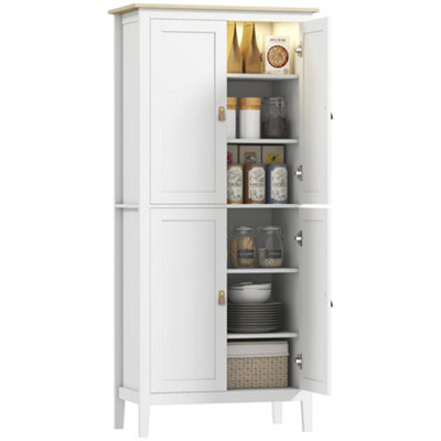 HOMCOM Farmhouse Kitchen Pantry Cabinet With LED Light - 47", 5 Deep Shelves, 12 Door Racks, White, Freestanding Storage With Barn Door